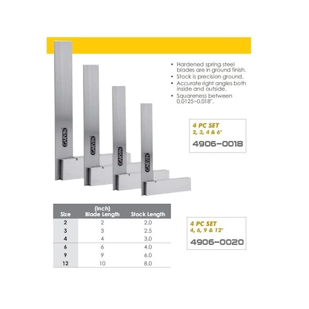 H & H Industrial Products 4 Piece Engineer's Steel Square Set (4-6-9-12") 4906-0020